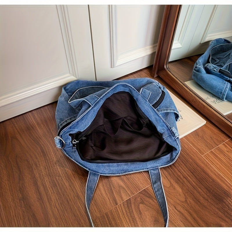 2025 New Korean Style Large Capacity Tote Bag, Versatile Denim Shoulder Bag with Wide Strap