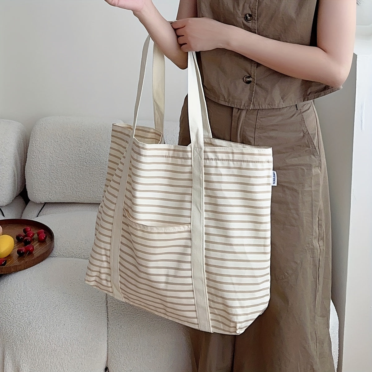 Casual Tote Bag Large Capacity Striped Tote Bag | Casual Canvas Shoulder Bag with Beige Handles