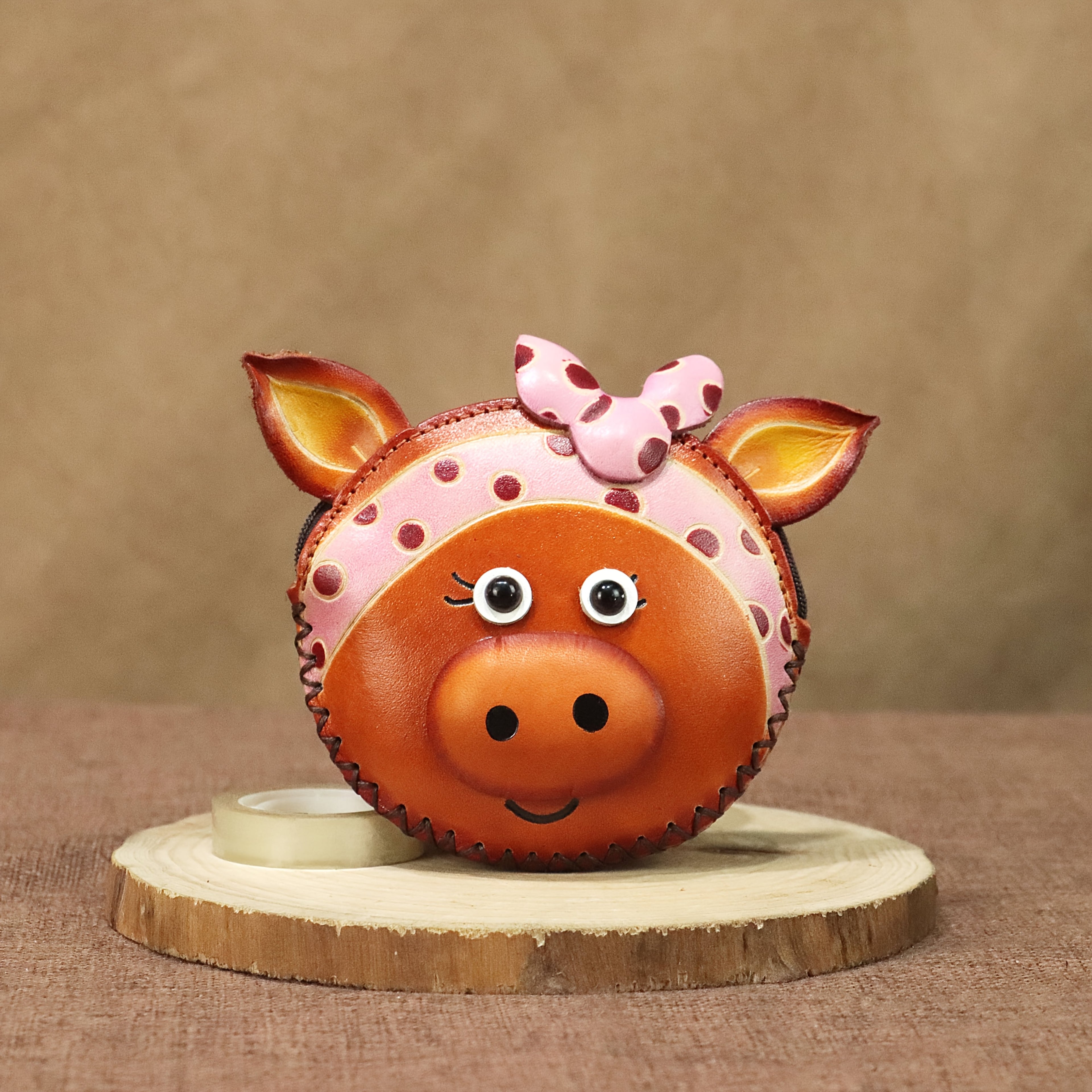 Handcrafted Retro Bowknot Headscarf Pig Purse - Genuine Leather Coin & Key Wallet with Zipper