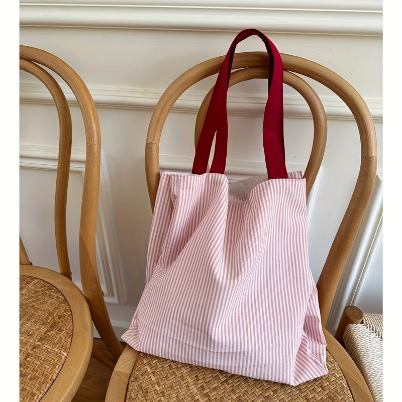Women's Large Capacity Tote Bag with Red Accent Strap - Pastel Pink & Secure Closure
