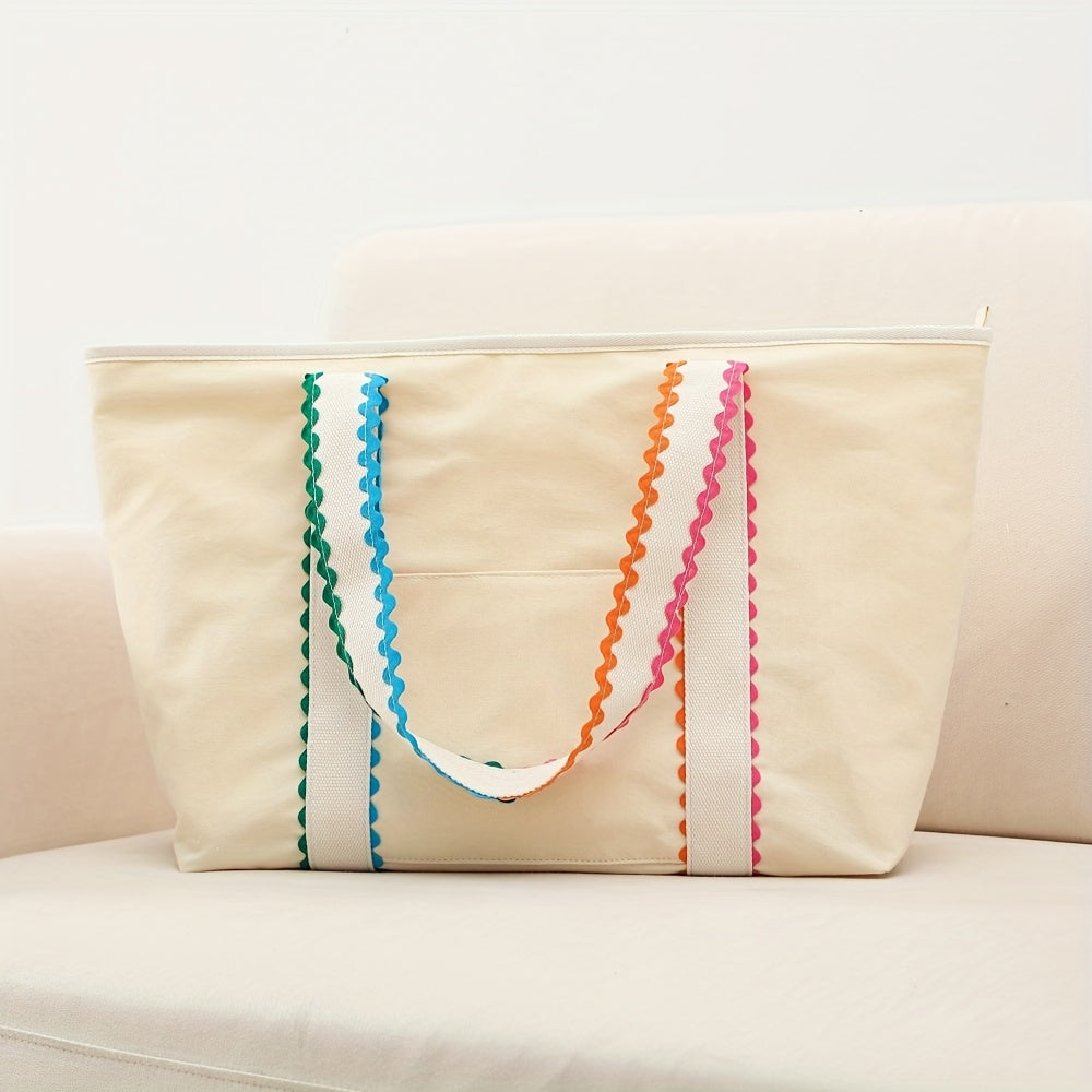 Personalized Large Tote Bag - Custom Name, Beige with Pastel Rainbow accents, Zipper Closure