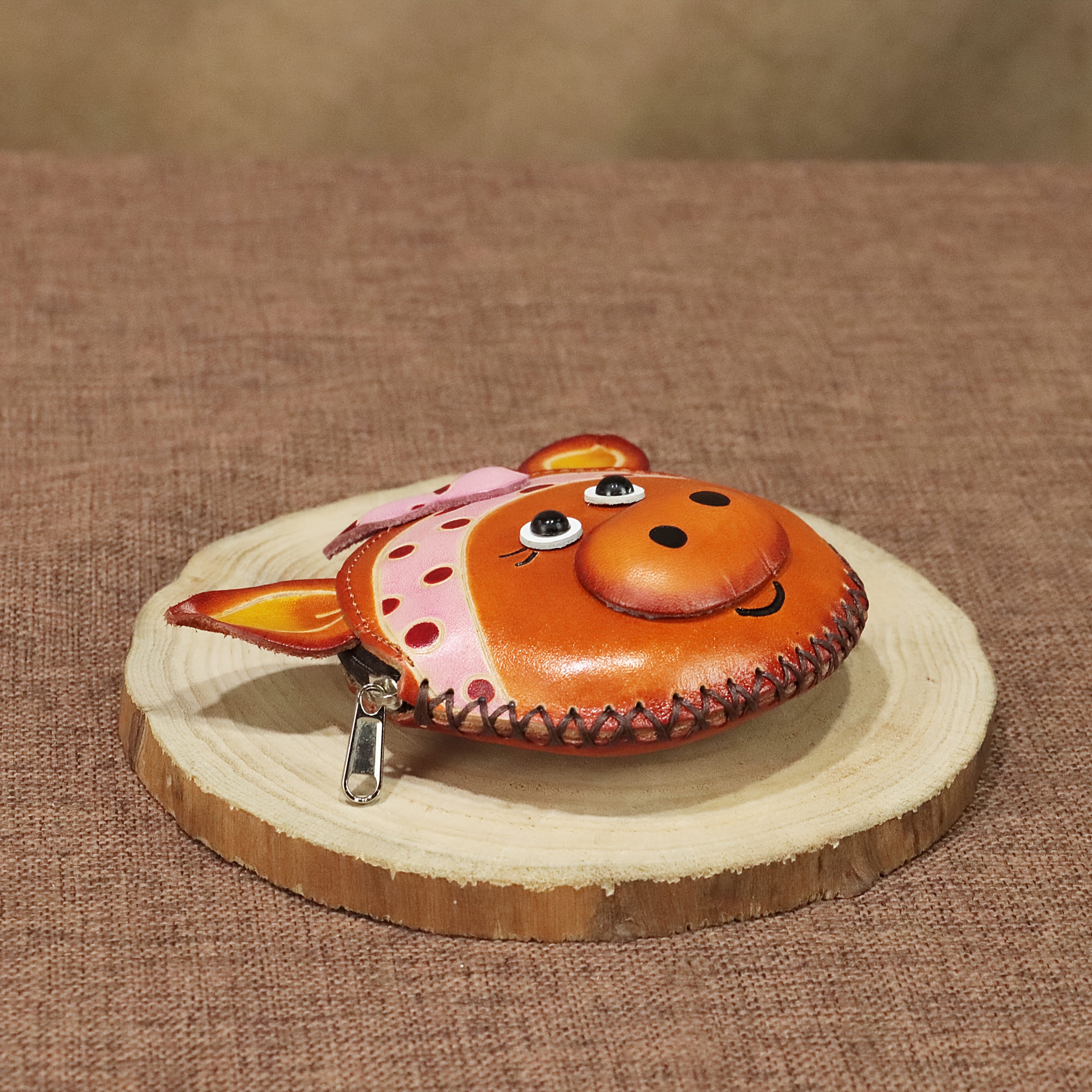 Handcrafted Retro Bowknot Headscarf Pig Purse - Genuine Leather Coin & Key Wallet with Zipper