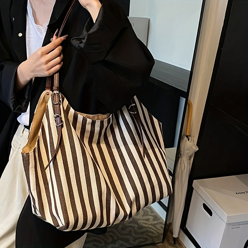 Chic Black & White Striped Canvas Tote Bag with Detachable Shoulder Strap - Large Capacity