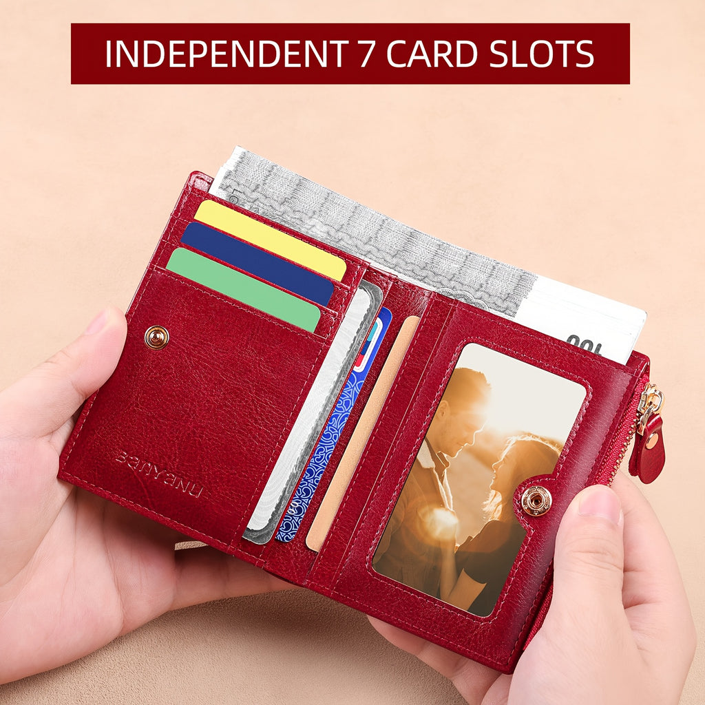 Women's Banyan Small Wallet, Zippered Cowhide Compact Bi-Fold Credit Card Holder with ID Window