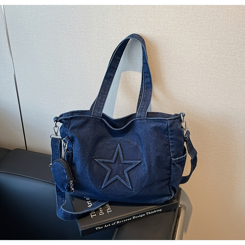 2025 New Korean Style Large Capacity Tote Bag, Versatile Denim Shoulder Bag with Wide Strap