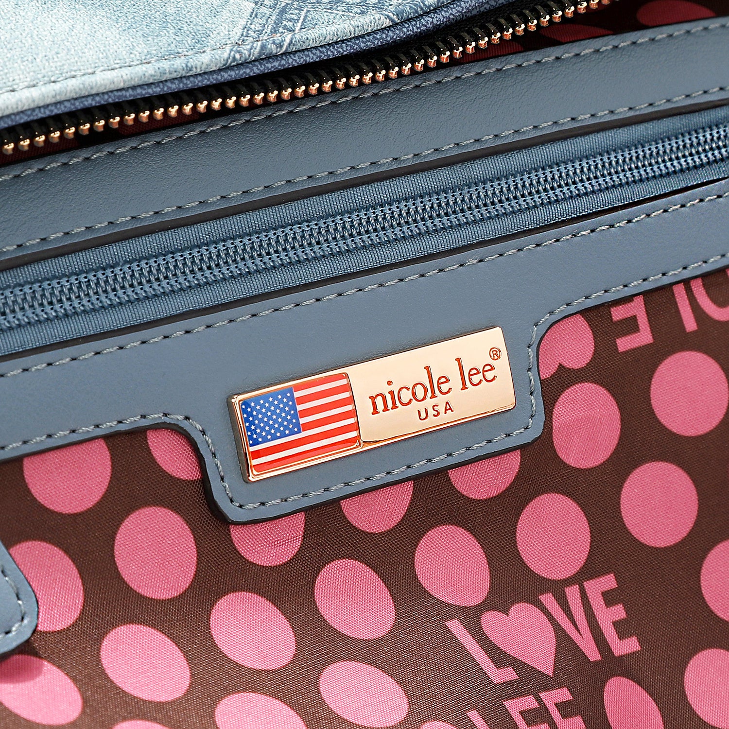 Nicole Lee Blue Flower Satchel, Women's Large PU Leather Bag With Quilted Print, Main Zip Closure