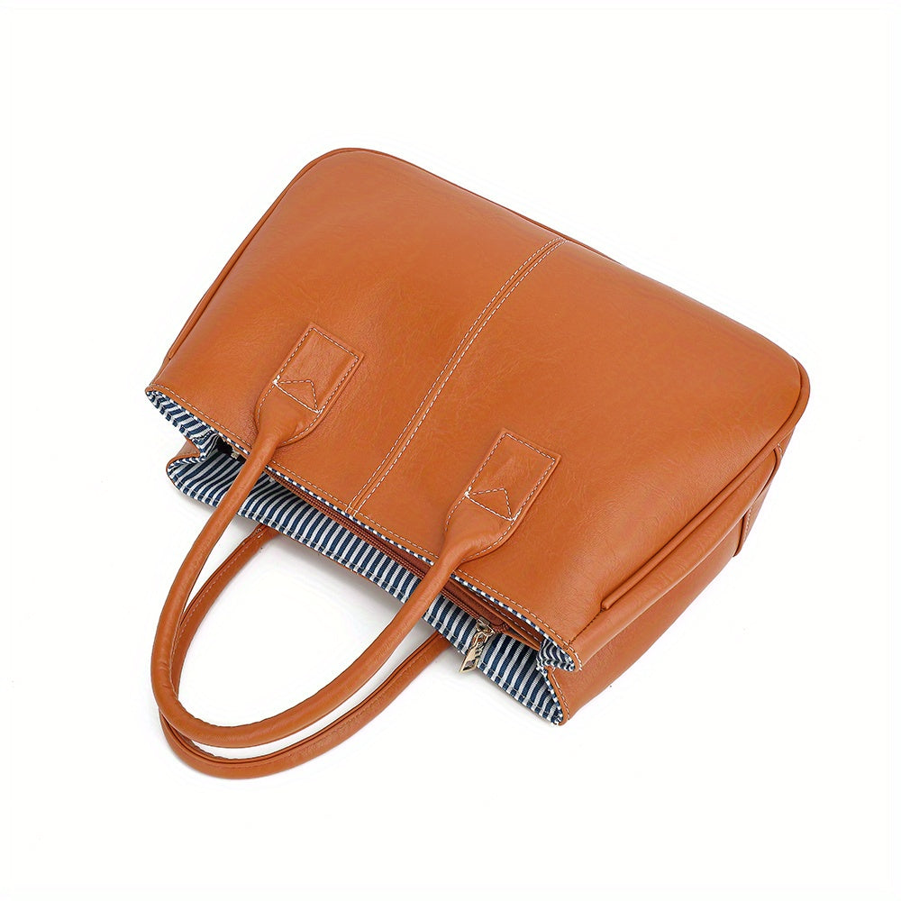 Wo 'S Classic Brown Handbag with Striped - Spacious Handbag for Work, Travel