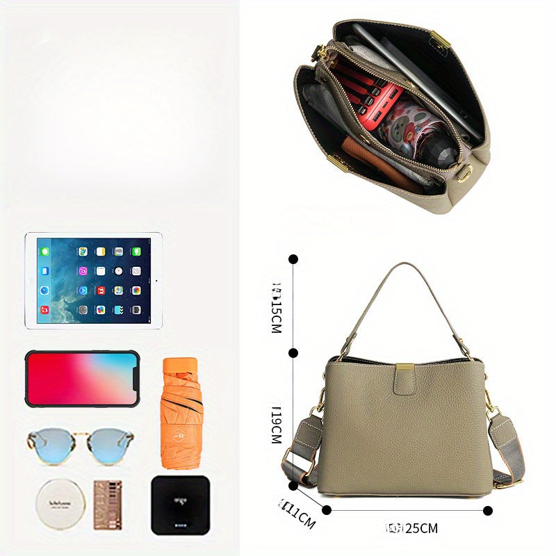 Advanced grey leather elegant Women's handbag, cowhide bag, Women's 2025 new trendy large capacity bucket bag