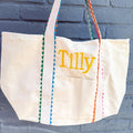 Personalized Large Tote Bag - Custom Name, Beige with Pastel Rainbow accents, Zipper Closure