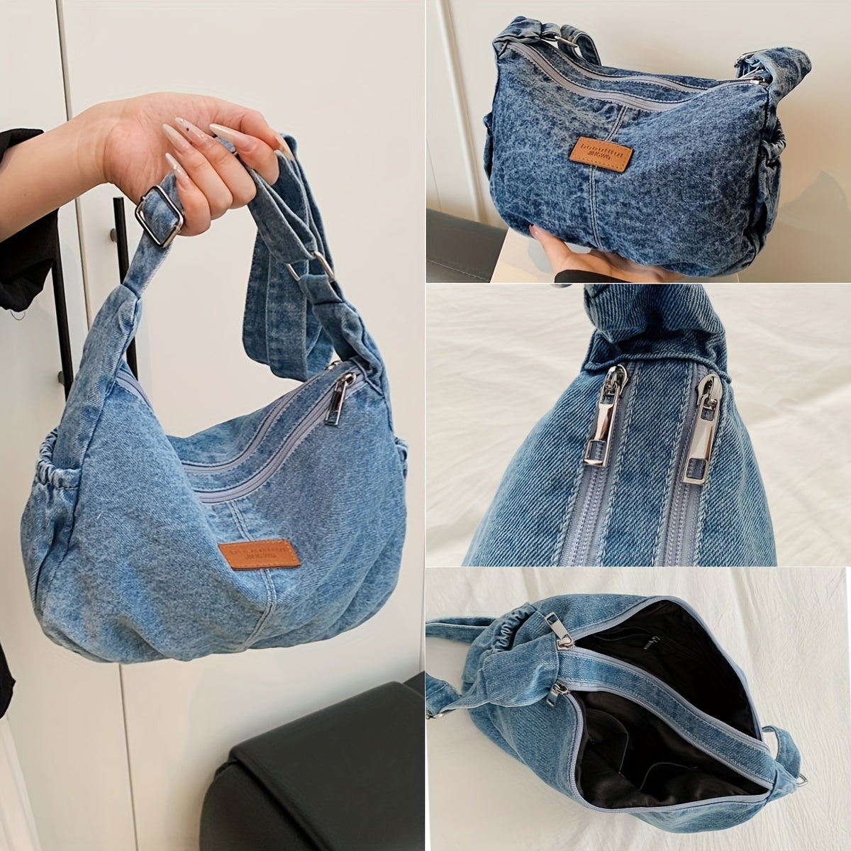 Women's \u002F Blue\u002FBlack Tote Bag - Adjustable Strap & Golden-Tone Zipper Closure