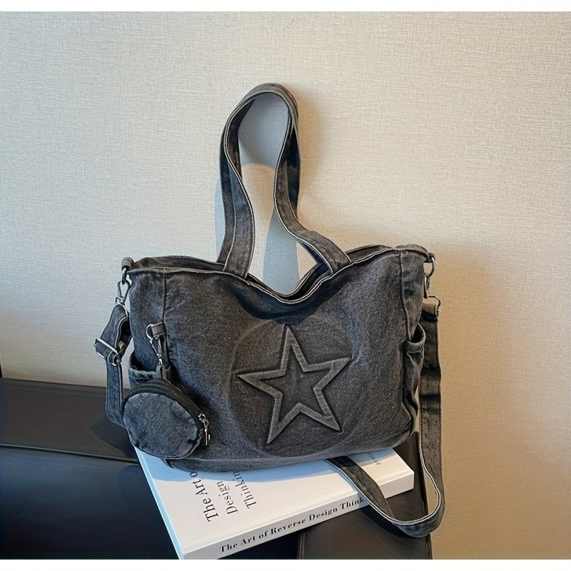 2025 New Korean Style Large Capacity Tote Bag, Versatile Denim Shoulder Bag with Wide Strap