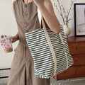 Casual Tote Bag Large Capacity Striped Tote Bag | Casual Canvas Shoulder Bag with Beige Handles