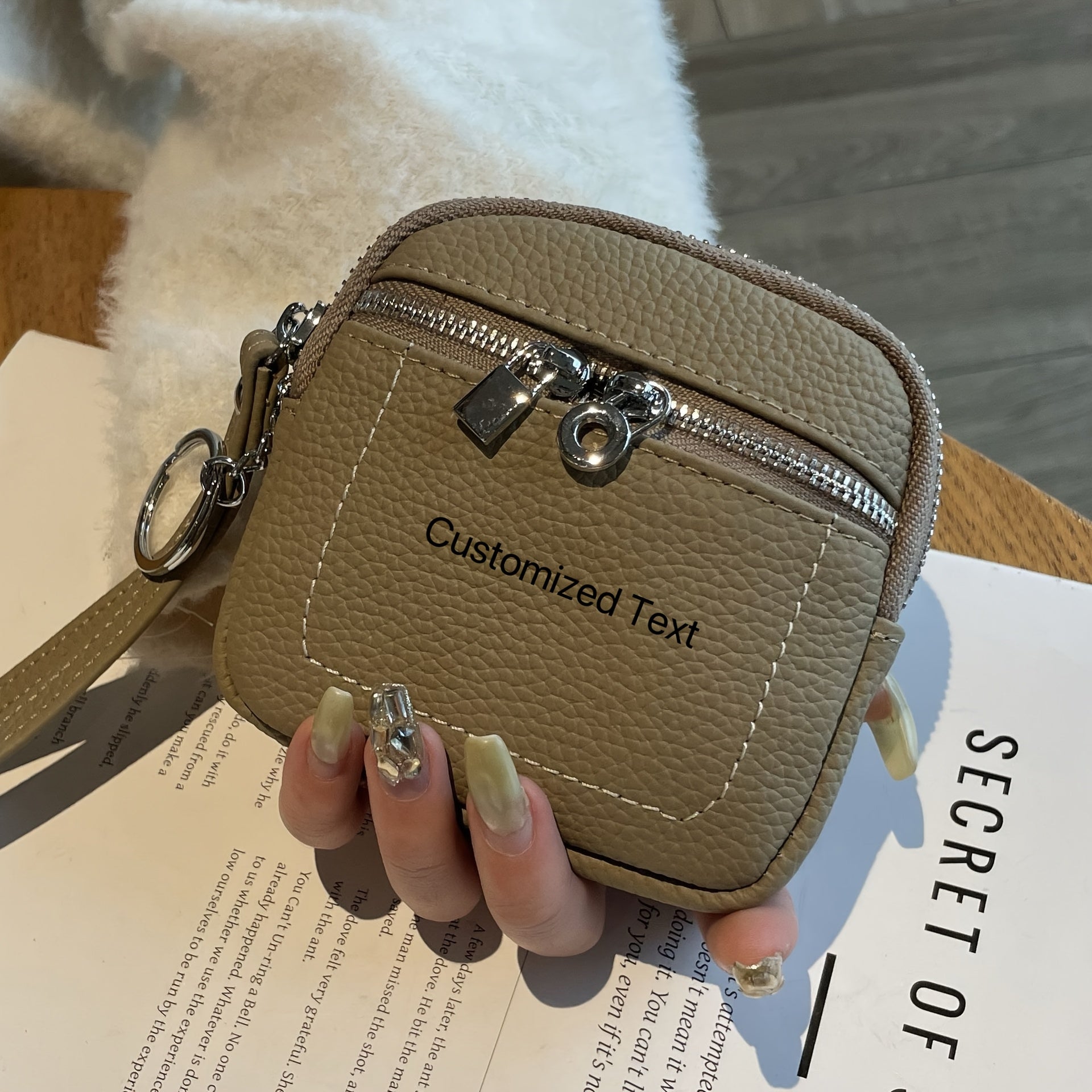 Custom Vintage Mini Genuine Leather Zipper Wallet with Keychain - Lychee Texture Design