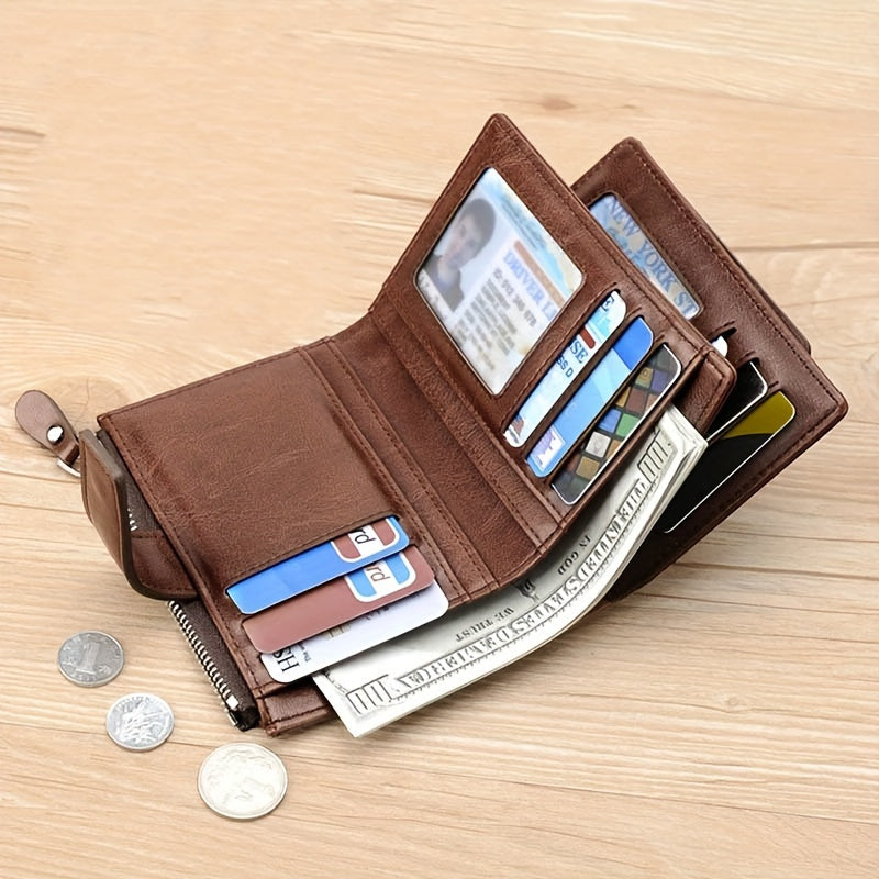 Vintage Style Men's PU Leather Wallet with RFID Blocking Card Holder, Coin Purse & Secure Zipper - Non-Braided