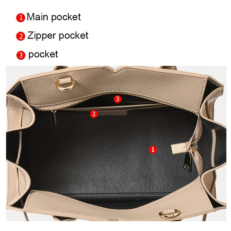 Women's Premium Second-Layer Leather Handbag - Large Capacity Deep Gray Tote with Golden-Tone Hardware