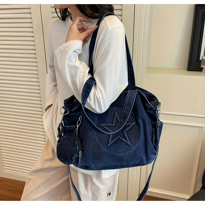 2025 New Korean Style Large Capacity Tote Bag, Versatile Denim Shoulder Bag with Wide Strap