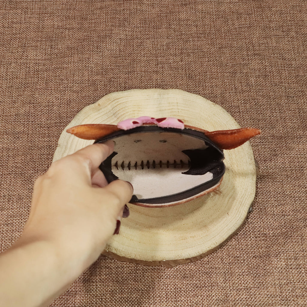 Handcrafted Retro Bowknot Headscarf Pig Purse - Genuine Leather Coin & Key Wallet with Zipper