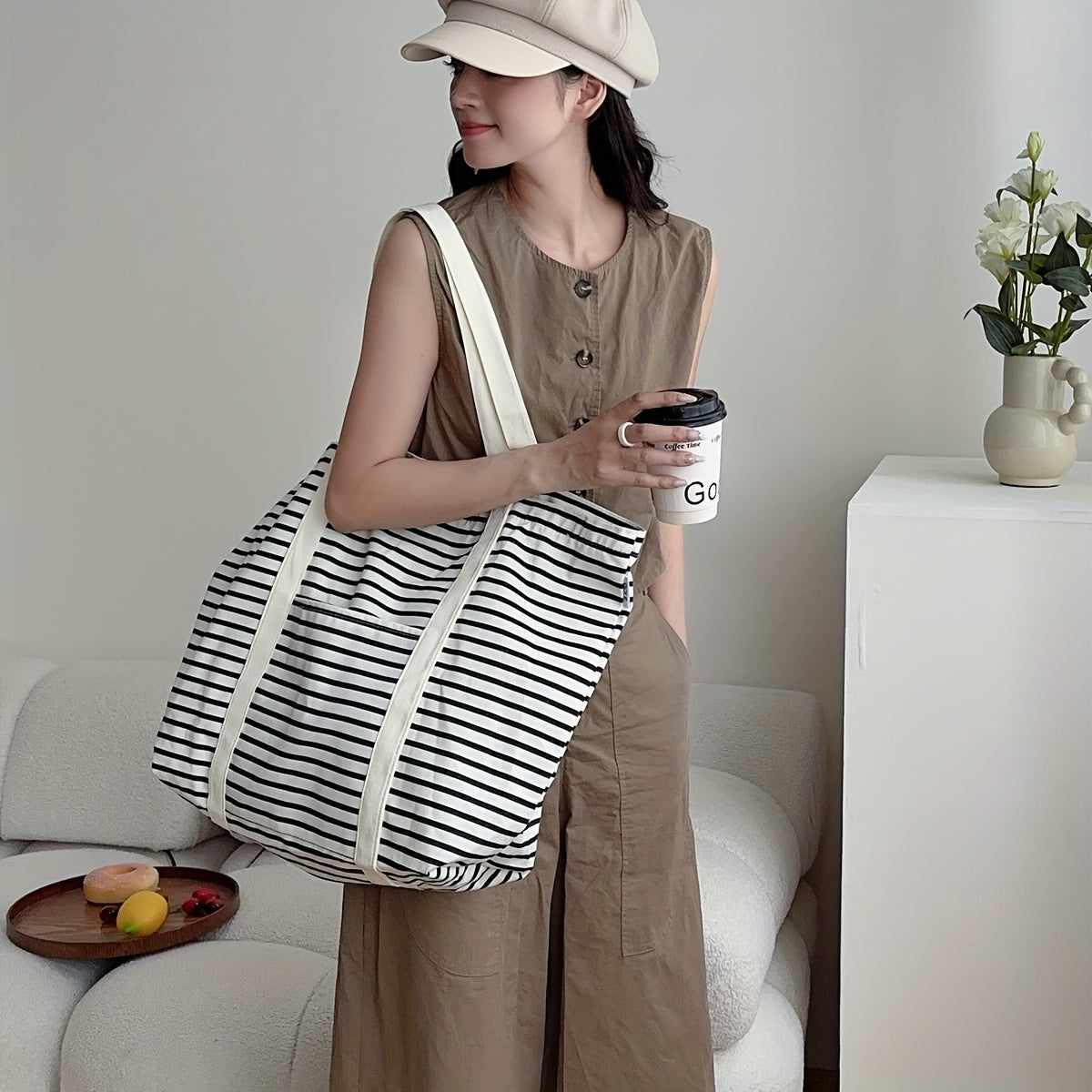Casual Tote Bag Large Capacity Striped Tote Bag | Casual Canvas Shoulder Bag with Beige Handles