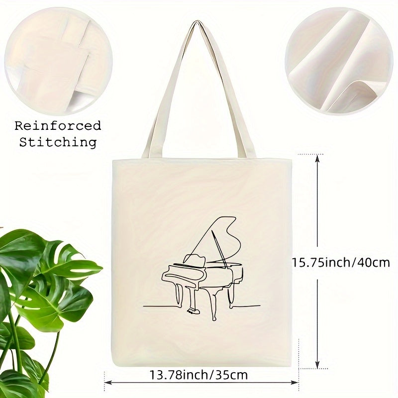 Stylish White Canvas Tote Bag with Black Piano Design - Large Capacity, Durable & Reusable Shoulder Bag for Shopping