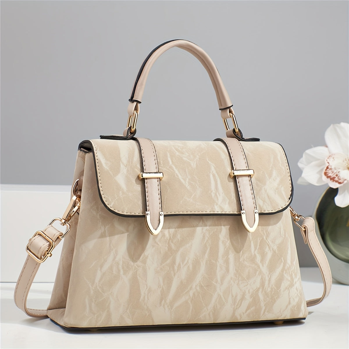 Elegant Women's Adjustable Handbag with Detachable Strap - Floral & Striped, Zipper Closure, Tassel Accents