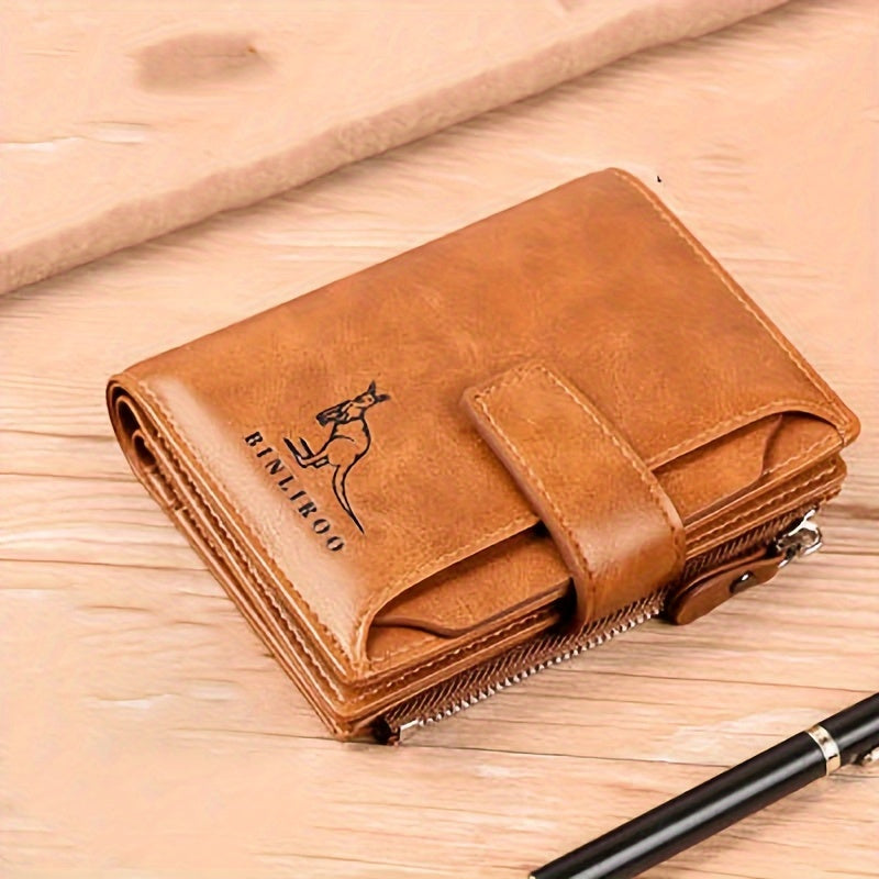 Vintage Style Men's PU Leather Wallet with RFID Blocking Card Holder, Coin Purse & Secure Zipper - Non-Braided