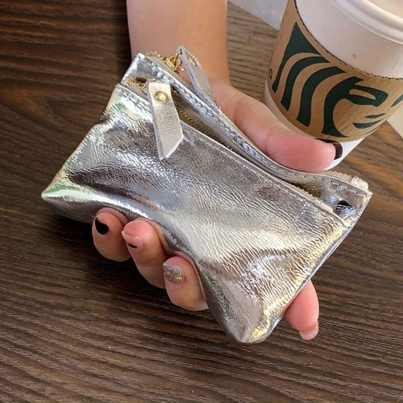 Elegant Genuine Leather Women'S Clutch with Silvery Zipper, Small Wallet for Women