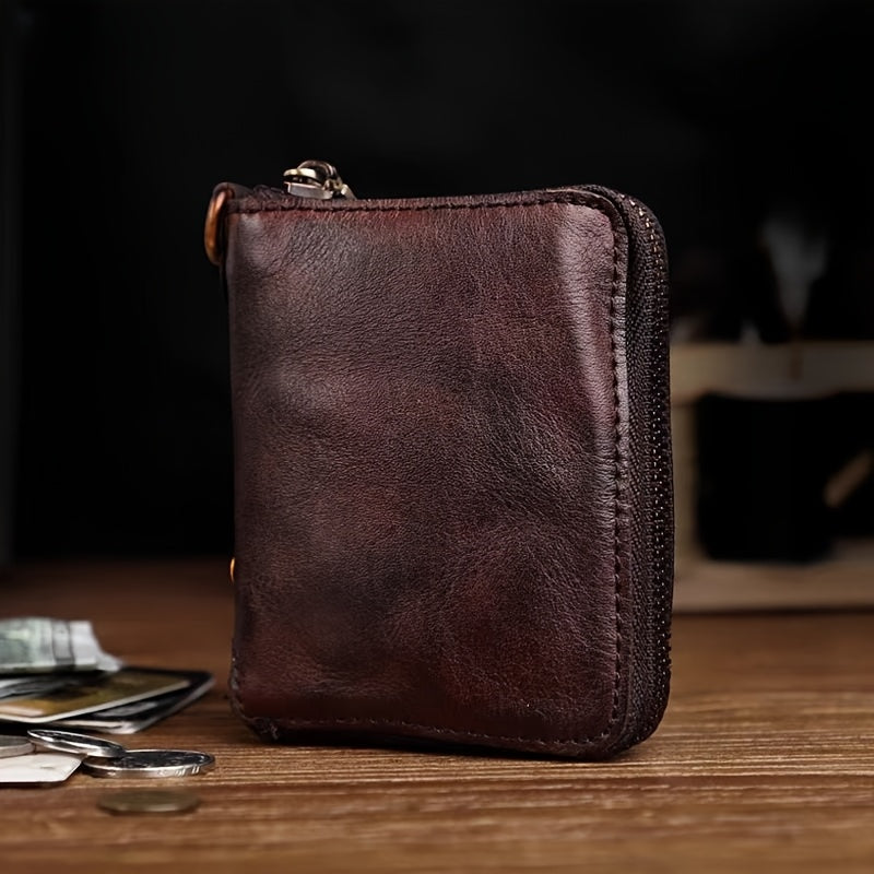 1pc Vintage Top-Grain Leather Men's Wallet, Handcrafted Antique Finish with Short Zippered Coin Purse and Card Holder Slots