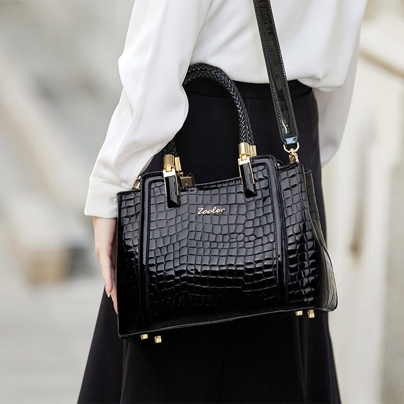 Black ZOOLER Women's Genuine Leather Tote Bag with Adjustable Shoulder Strap, Crocodile Pattern