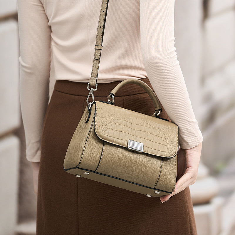 ZOOLER Women's Genuine Leather Crocodile-Textured handbag with Detachable Strap & Snap Closure