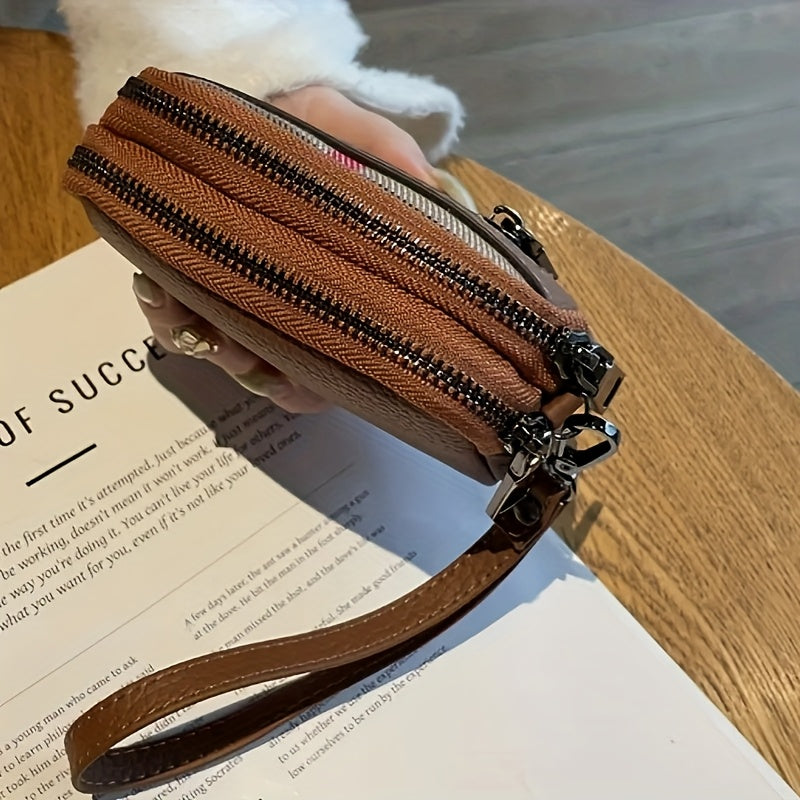 Ladies' leather large-capacity multi-functional zipper wallet, with detachable wrist strap