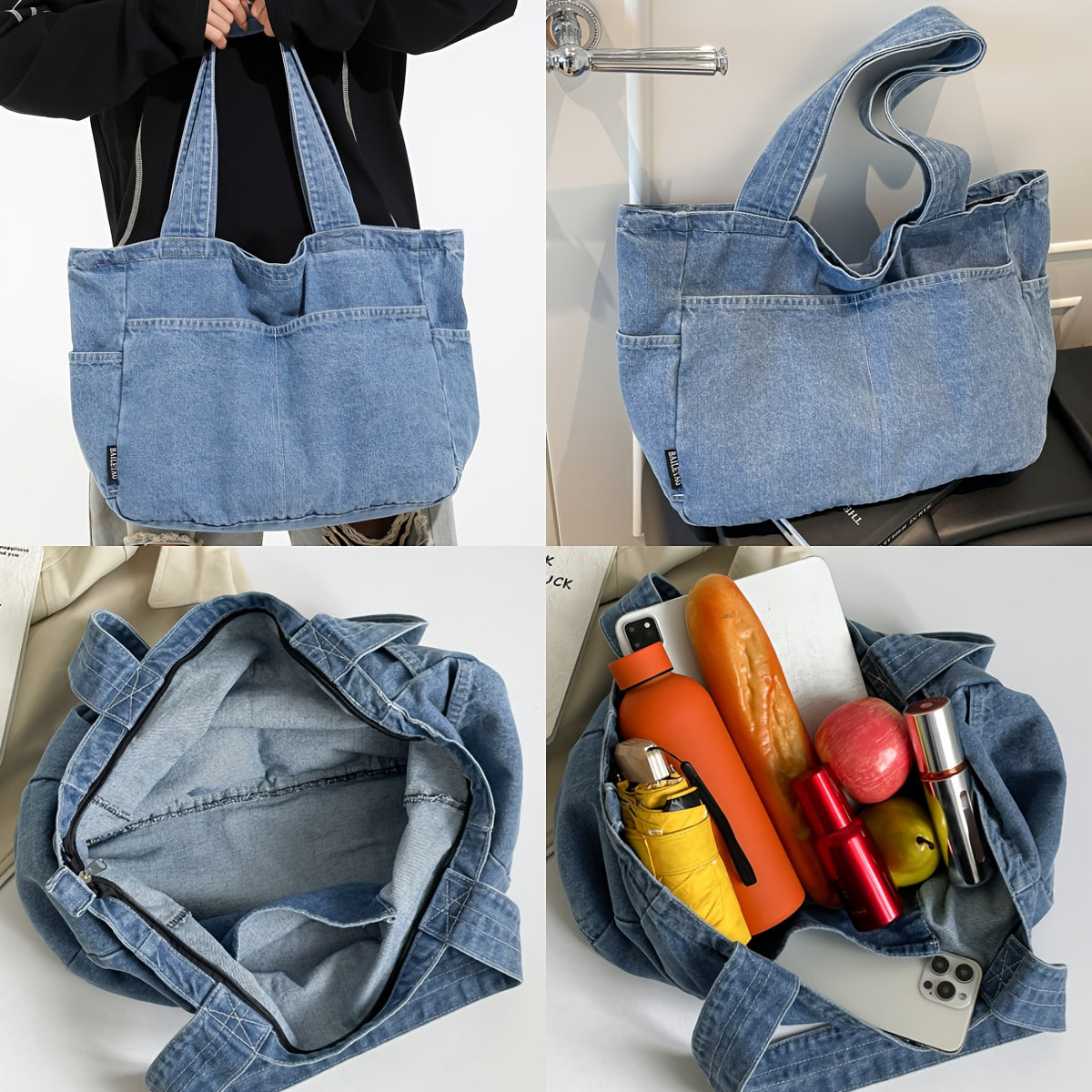 Perfect Lily Women'S Elegant Light Blue Tote Bag - Large Capacity, Soft Canvas Shoulder Bag with Multiple Zipper Compartments