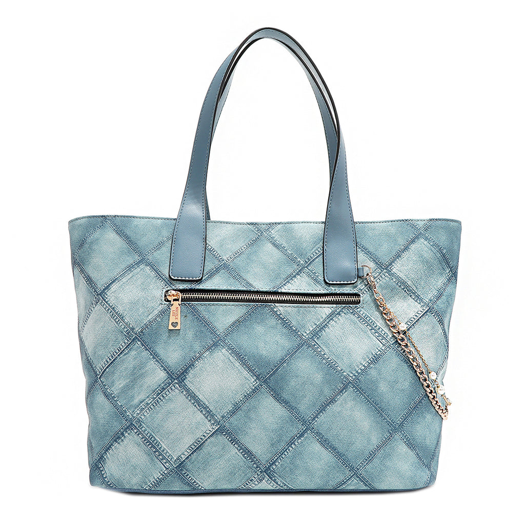 Nicole Lee Blue Flower Satchel, Women's Large PU Leather Bag With Quilted Print, Main Zip Closure