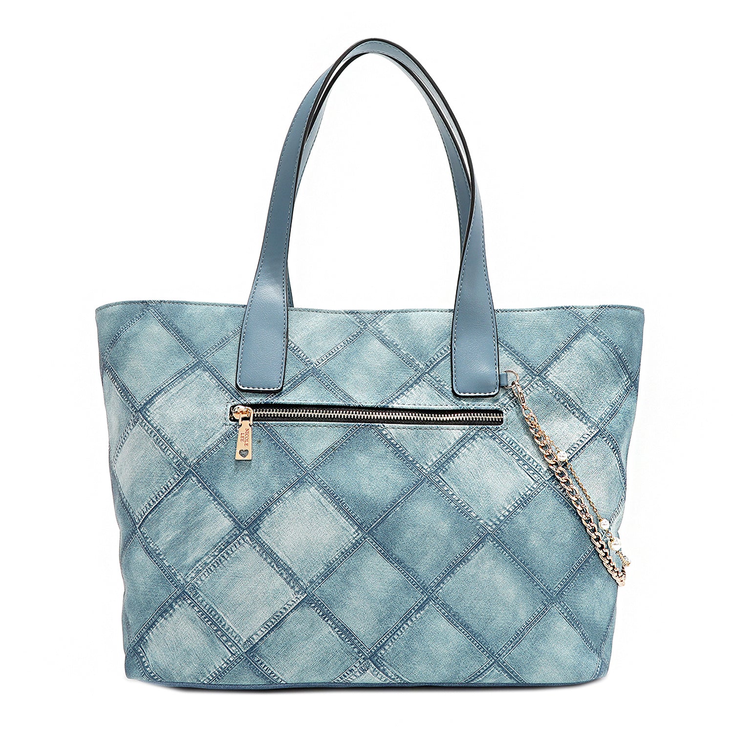 Nicole Lee Blue Flower Satchel, Women's Large PU Leather Bag With Quilted Print, Main Zip Closure