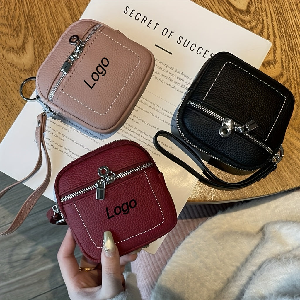 Custom Vintage Mini Genuine Leather Zipper Wallet with Keychain - Lychee Texture Design