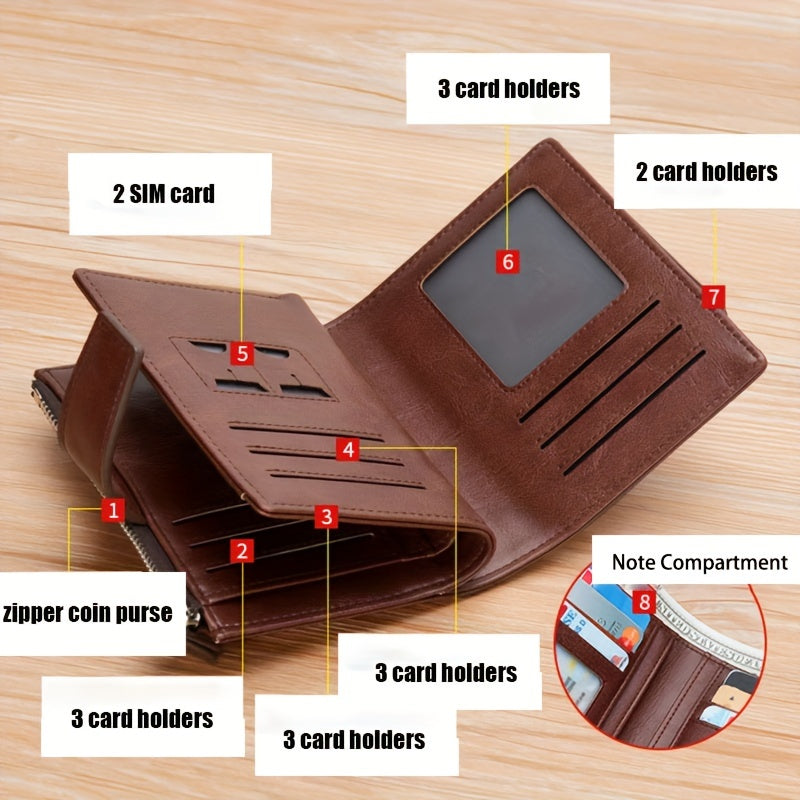 Vintage Style Men's PU Leather Wallet with RFID Blocking Card Holder, Coin Purse & Secure Zipper - Non-Braided