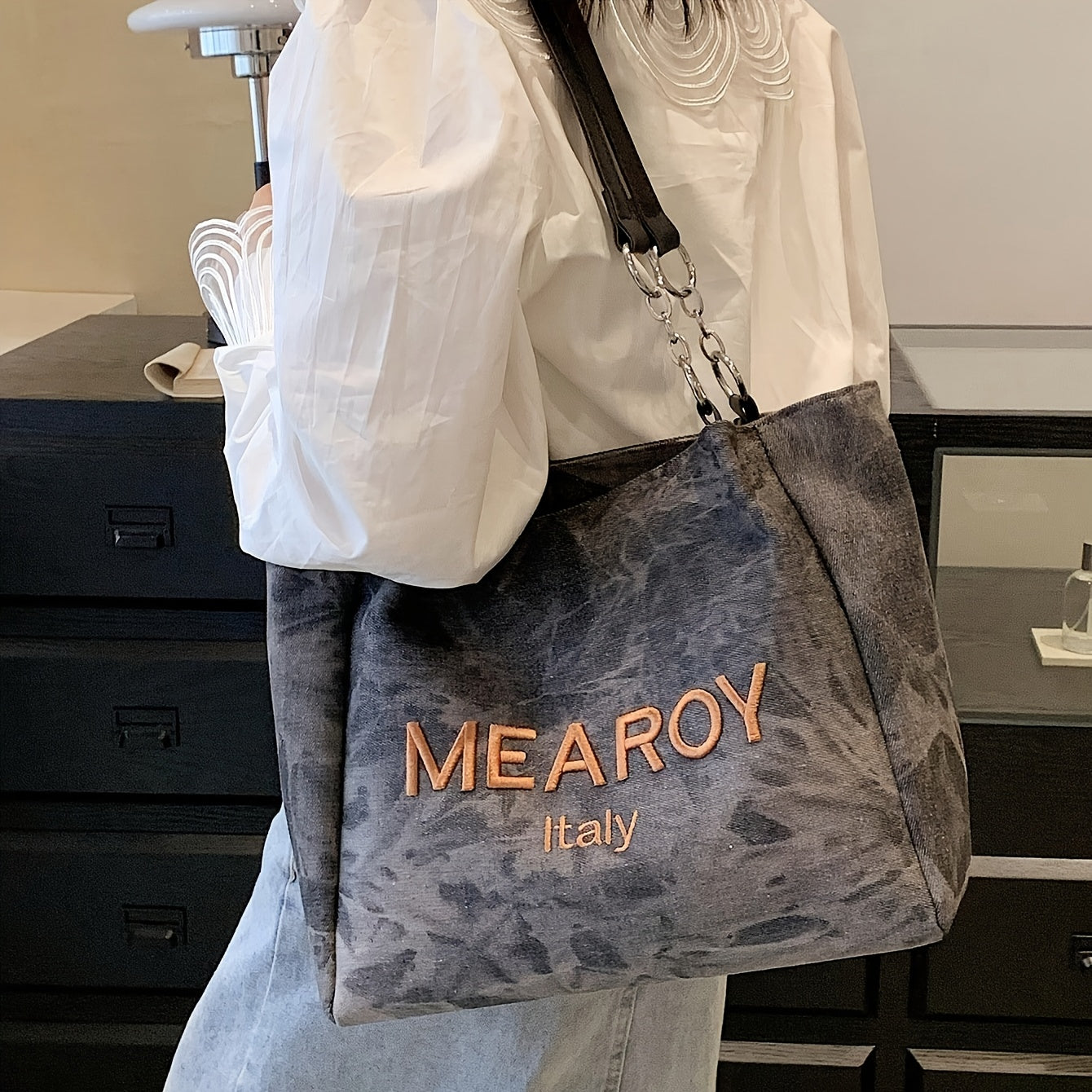 Mearoy Italy Fashion Tote Bag for Women, Large Capacity Denim Canvas Shoulder Bag