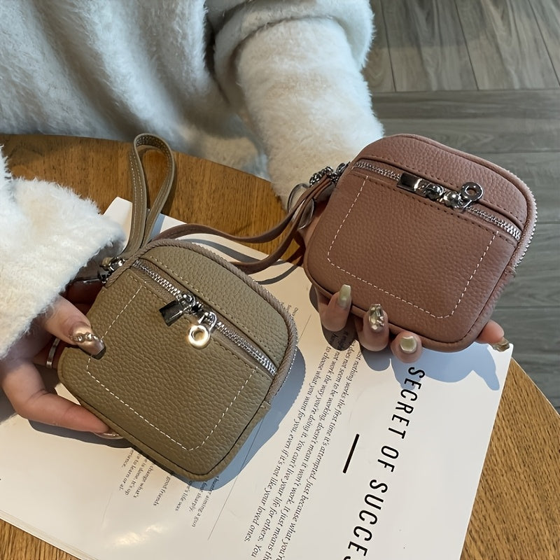 Custom Vintage Mini Genuine Leather Zipper Wallet with Keychain - Lychee Texture Design