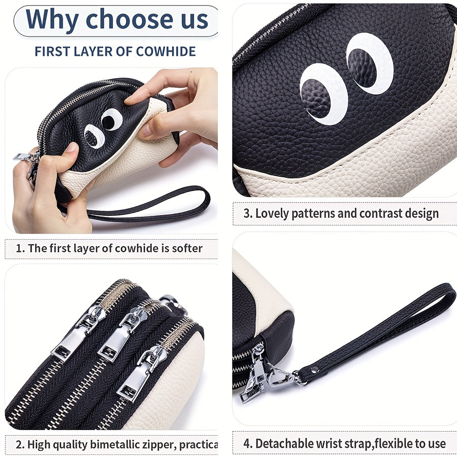 OBCREATOR Women'S Genuine Leather Coin Purse - Mini Wallet with 3 Zipper Compartments