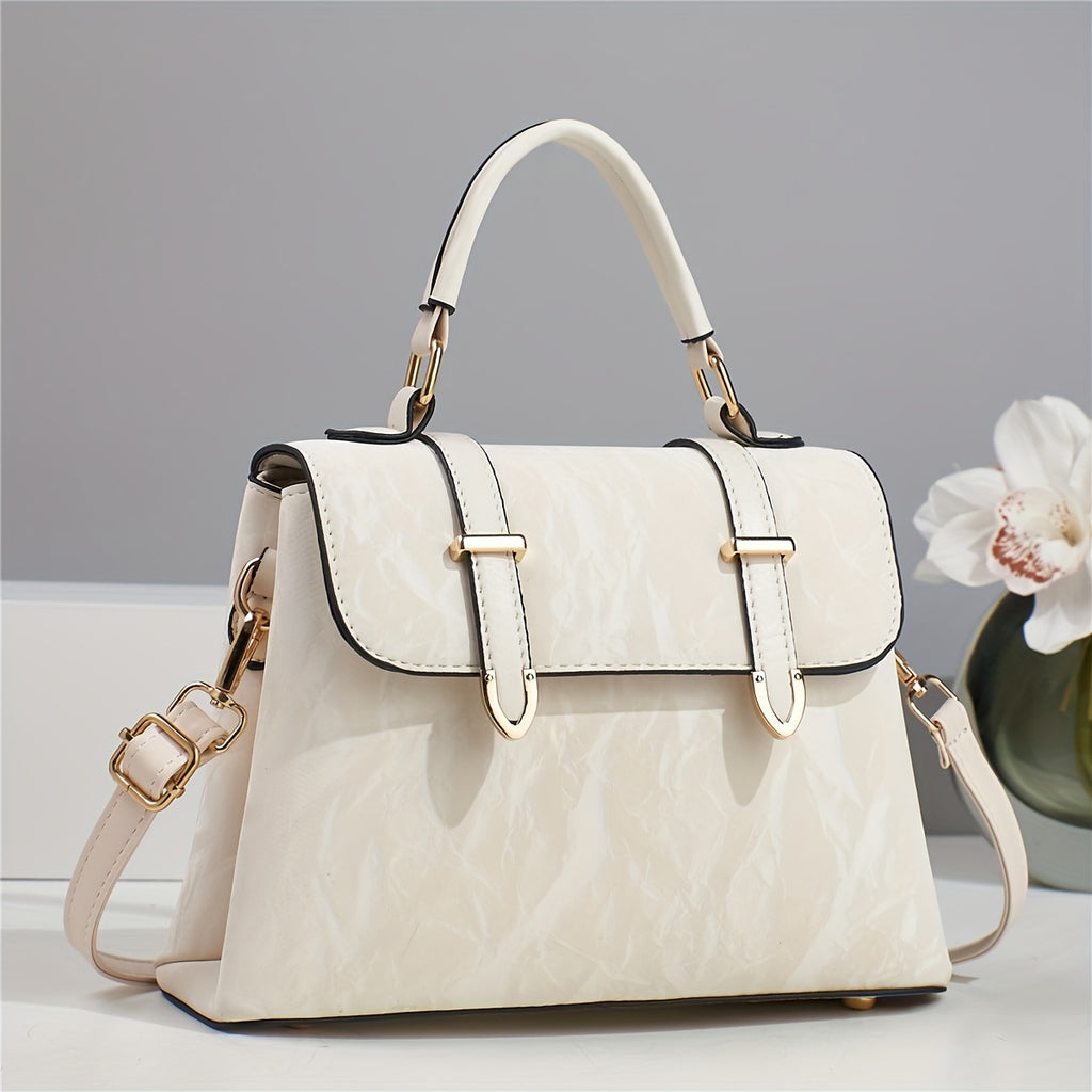 Elegant Women's Adjustable Handbag with Detachable Strap - Floral & Striped, Zipper Closure, Tassel Accents