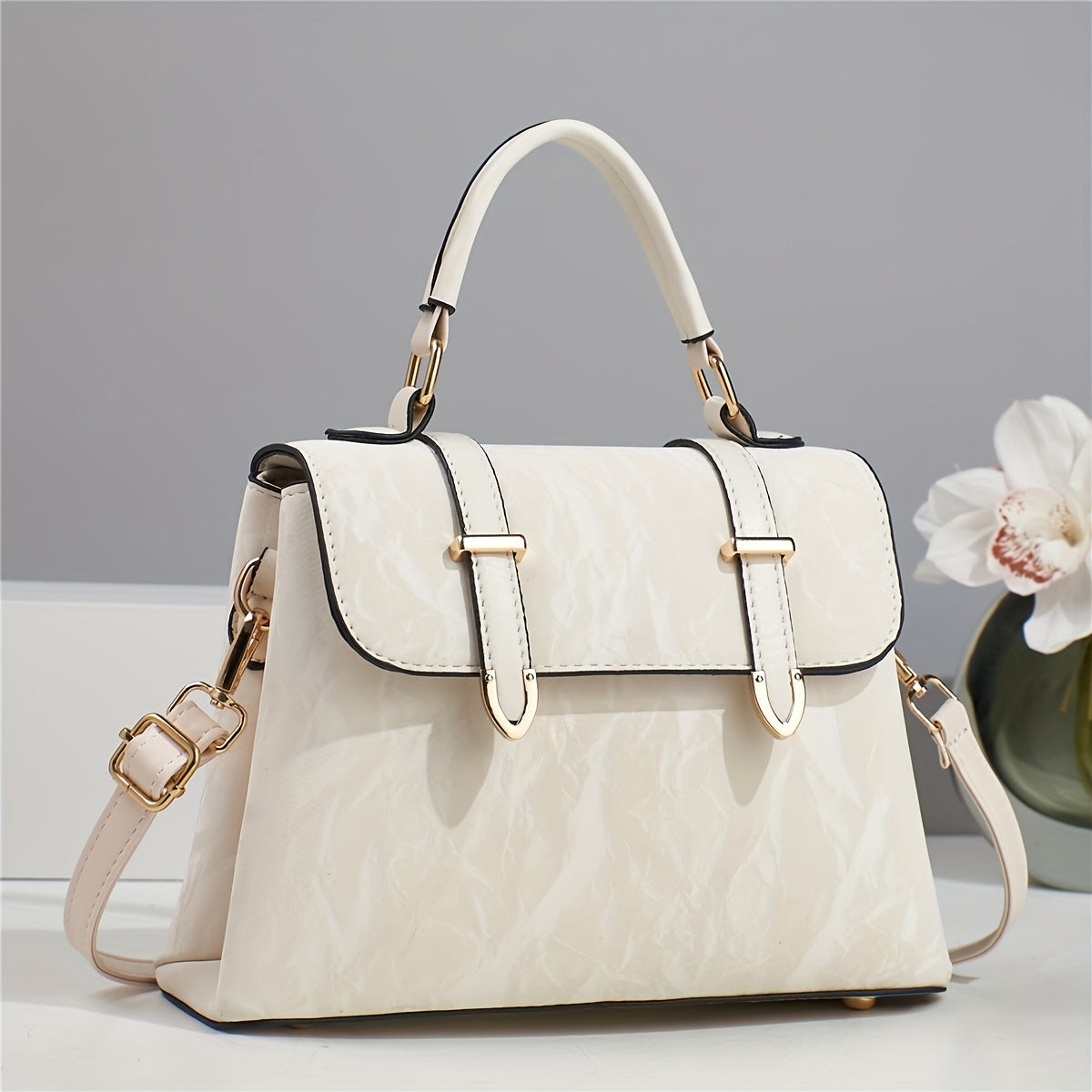 Elegant Women's Adjustable Handbag with Detachable Strap - Floral & Striped, Zipper Closure, Tassel Accents