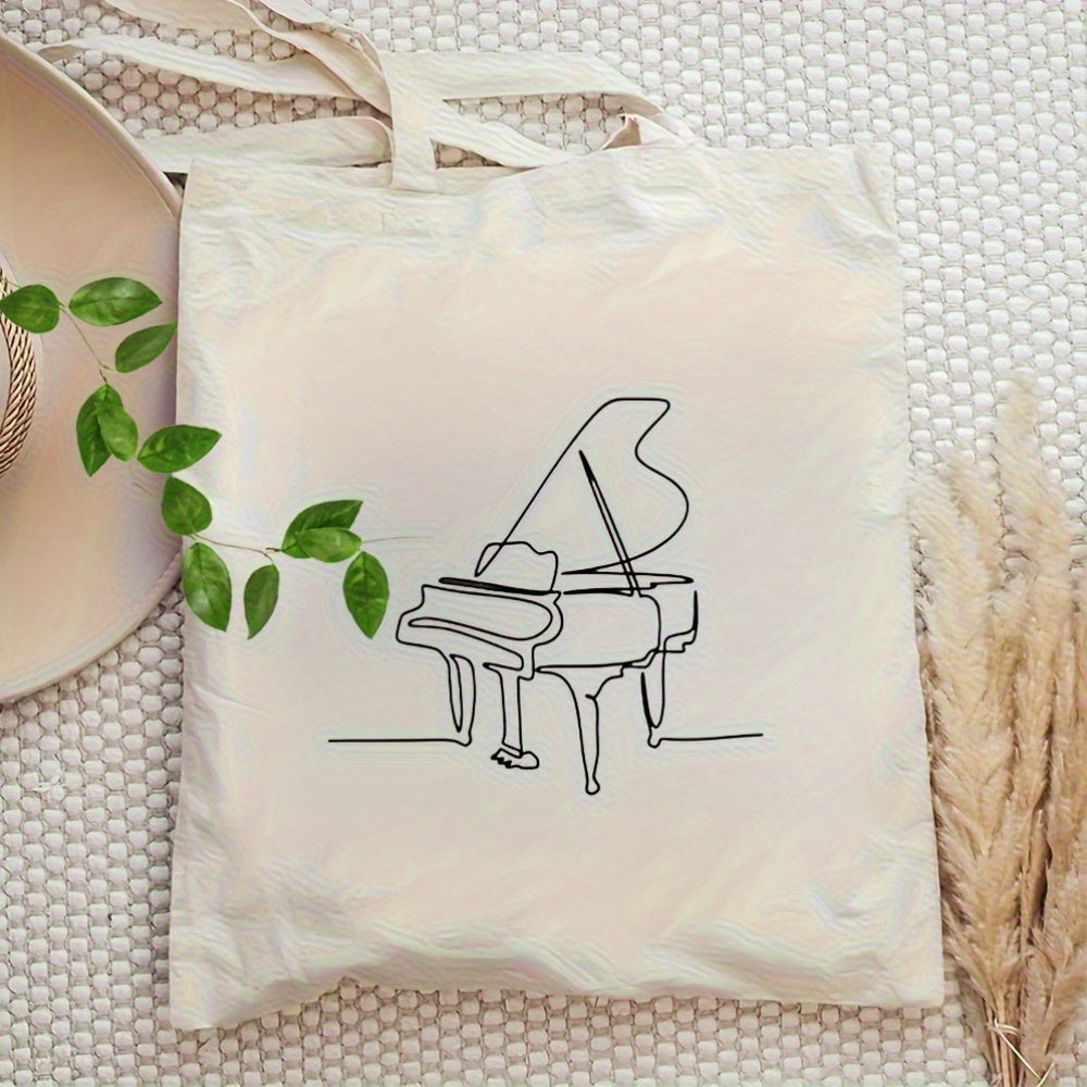 Stylish White Canvas Tote Bag with Black Piano Design - Large Capacity, Durable & Reusable Shoulder Bag for Shopping
