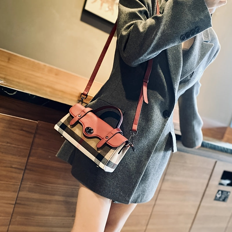 Vintage Plaid Canvas Handbag for Women - Adjustable Strap, Zipper Closure, Polyester Lining, Tassel Detail