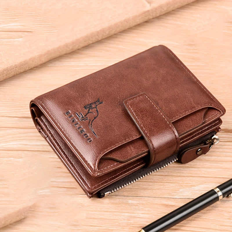 Vintage Style Men's PU Leather Wallet with RFID Blocking Card Holder, Coin Purse & Secure Zipper - Non-Braided