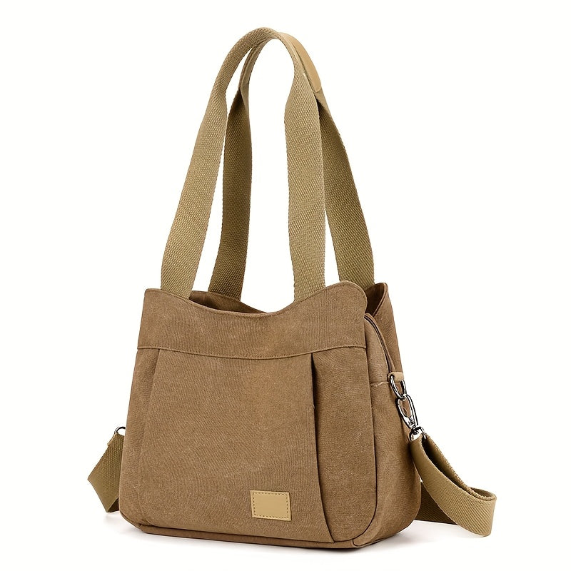 Stylish Tote Bag Durable Beige and Brown Women's Casual Canvas Tote Bag with Multiple Pockets and Zipper Closure