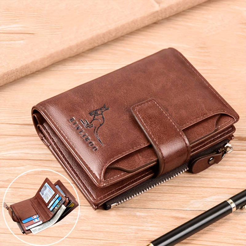 Vintage Style Men's PU Leather Wallet with RFID Blocking Card Holder, Coin Purse & Secure Zipper - Non-Braided