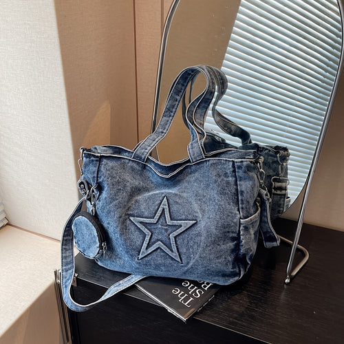 2025 New Korean Style Large Capacity Tote Bag, Versatile Denim Shoulder Bag with Wide Strap