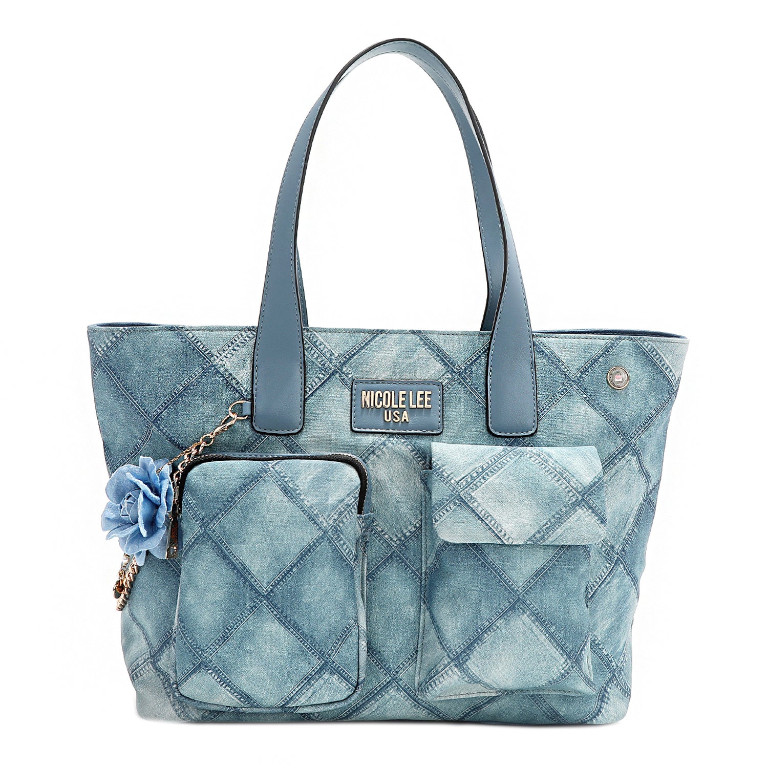 Nicole Lee Blue Flower Satchel, Women's Large PU Leather Bag With Quilted Print, Main Zip Closure