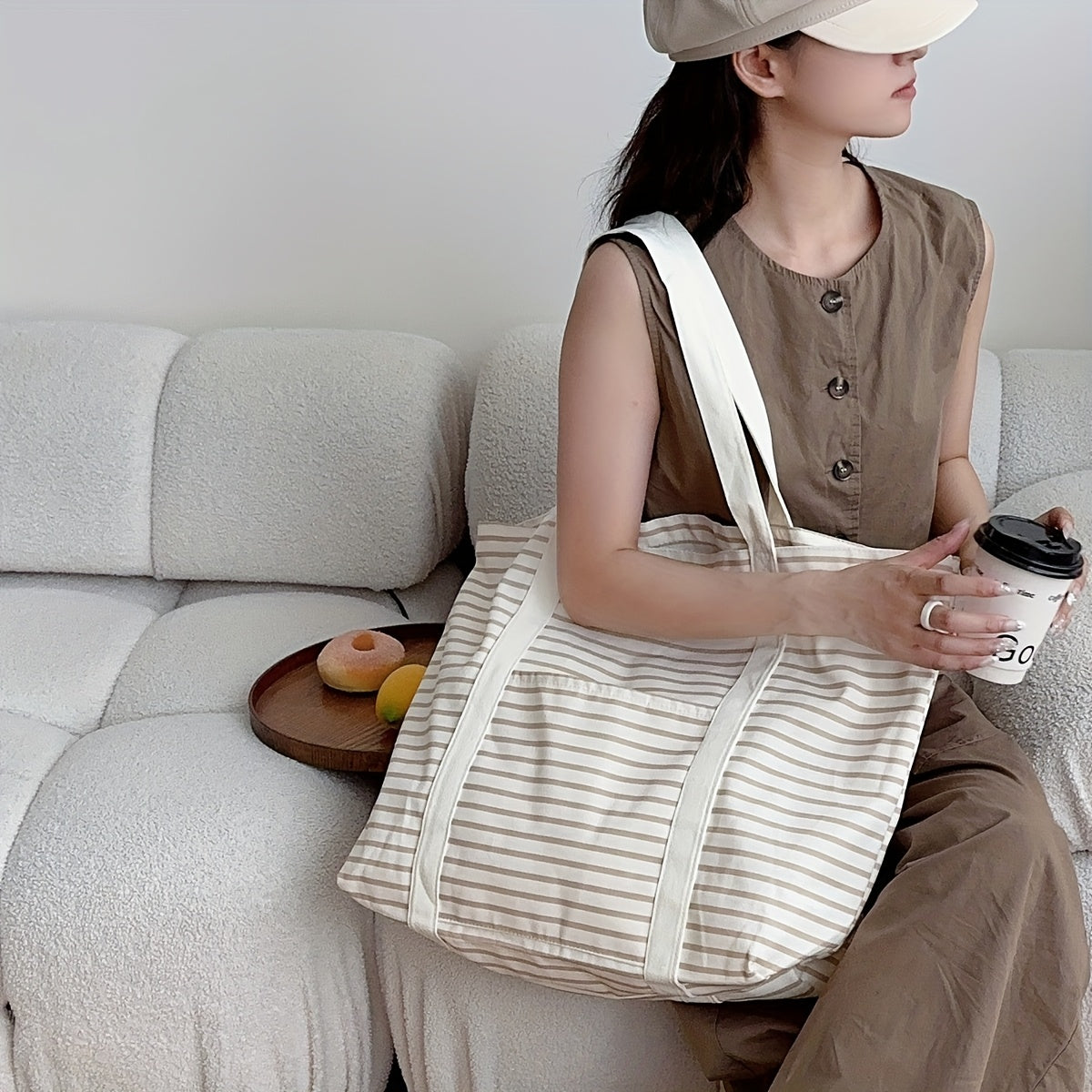 Casual Tote Bag Large Capacity Striped Tote Bag | Casual Canvas Shoulder Bag with Beige Handles