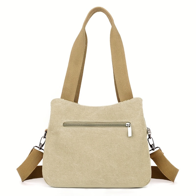 Stylish Tote Bag Durable Beige and Brown Women's Casual Canvas Tote Bag with Multiple Pockets and Zipper Closure