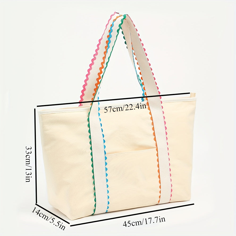 Personalized Large Tote Bag - Custom Name, Beige with Pastel Rainbow accents, Zipper Closure